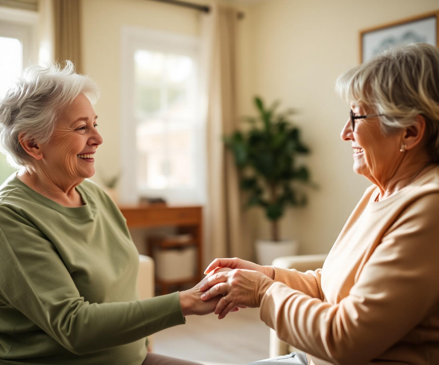 Caregiver holding hands with a smiling elderly woman in a sunlit living room